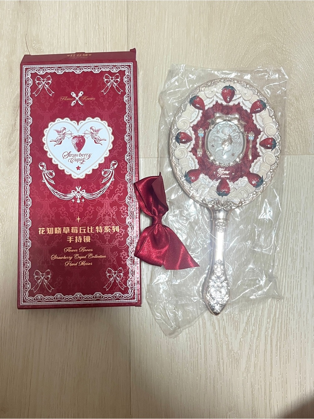 Strawberry Cupid collection Decorative Hand Mirror – Red and Silver with a bow